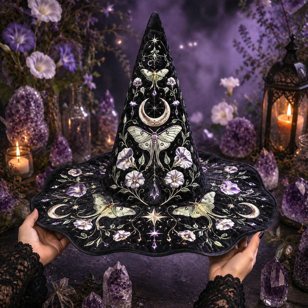 Moth Moonflower Witch Hat – Luna Moth Celestial Wide Brim Hat – quilting and print detail