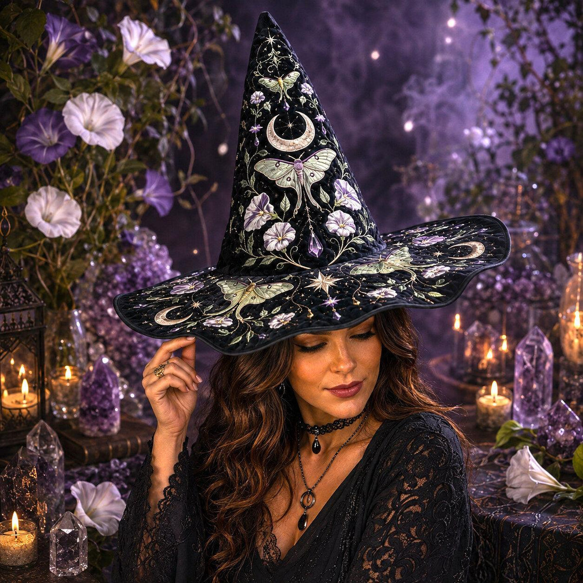 Moth Moonflower Witch Hat – Luna Moth Celestial Wide Brim Hat – styled with candles and crystals