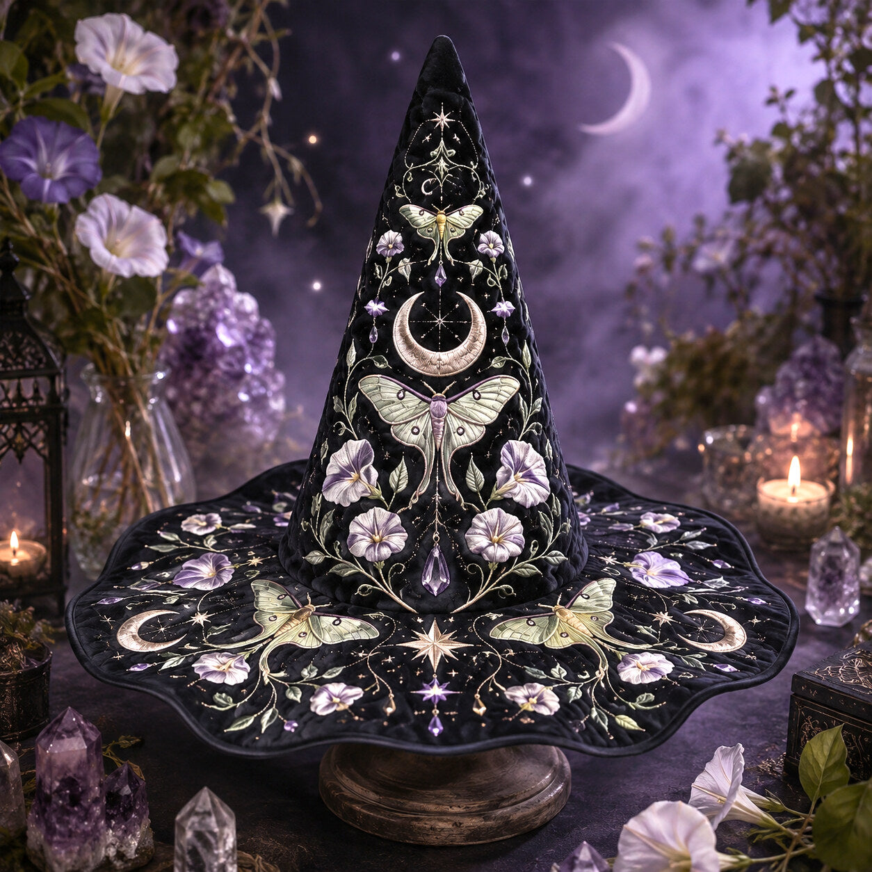 Moth Moonflower Witch Hat – Luna Moth Celestial Wide Brim Hat – on an altar table