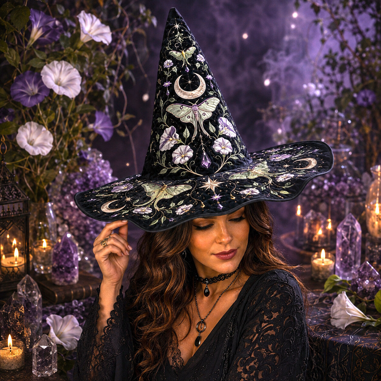 Moth Moonflower Witch Hat – Luna Moth Celestial Wide Brim Hat – styled with candles and crystals