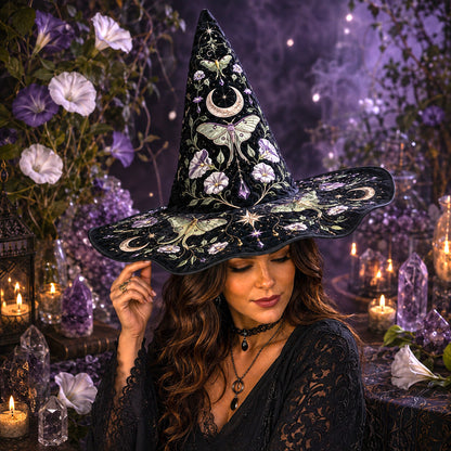 Moth Moonflower Witch Hat – Luna Moth Celestial Wide Brim Hat – styled with candles and crystals