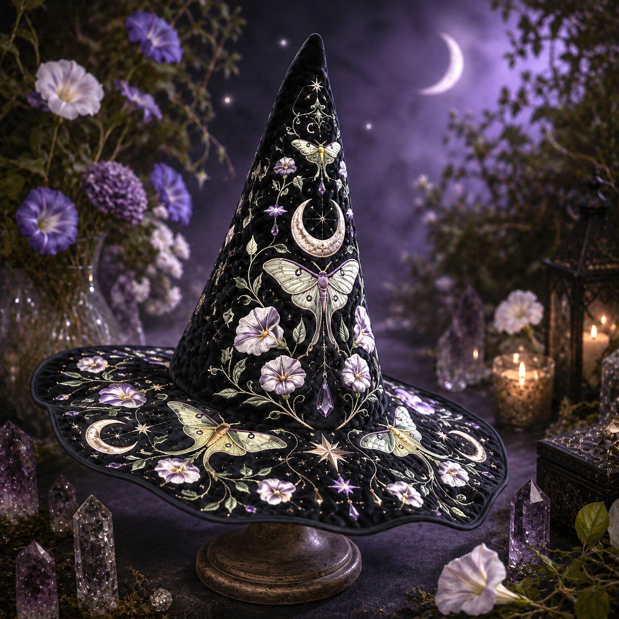 Moth Moonflower Witch Hat – Luna Moth Celestial Wide Brim Hat – worn, front view