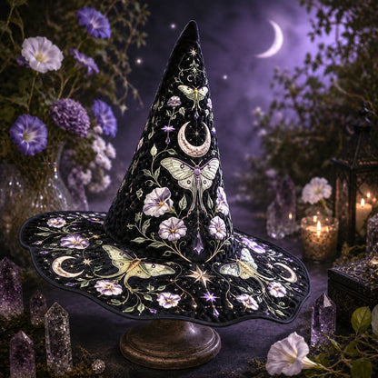 Moth Moonflower Witch Hat – Luna Moth Celestial Wide Brim Hat – worn, front view