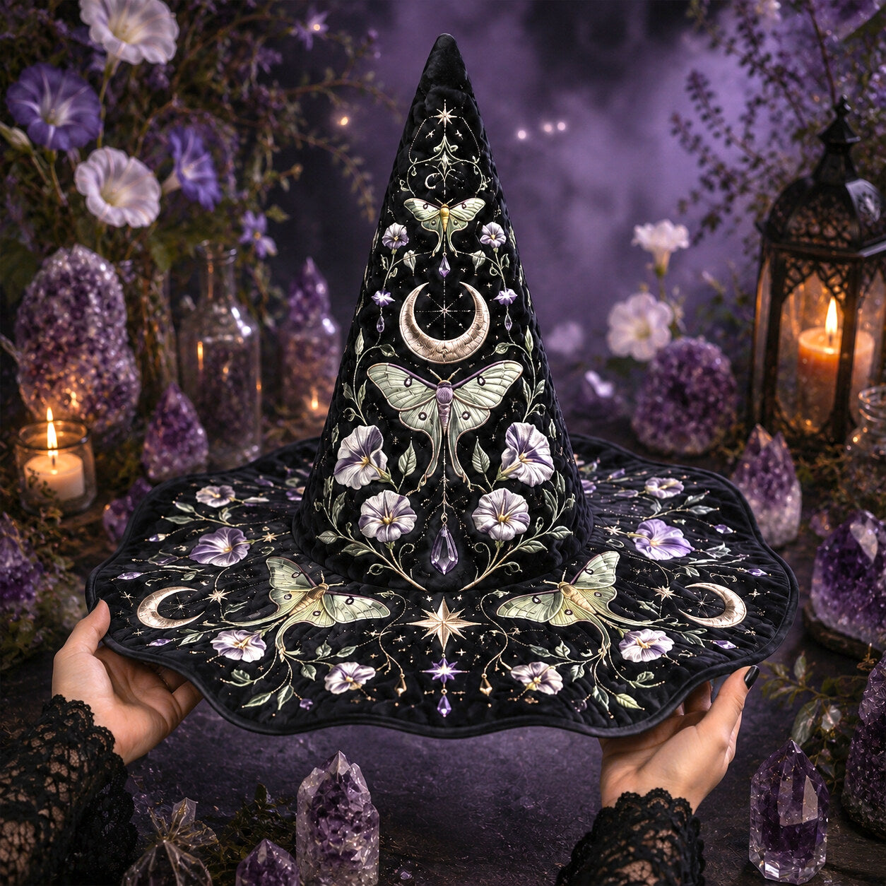 Moth Moonflower Witch Hat – Luna Moth Celestial Wide Brim Hat – quilting and print detail