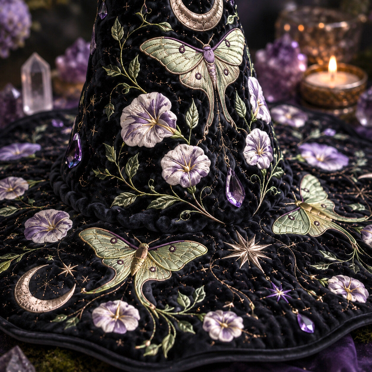 Moth Moonflower Witch Hat – Luna Moth Celestial Wide Brim Hat – held in both hands