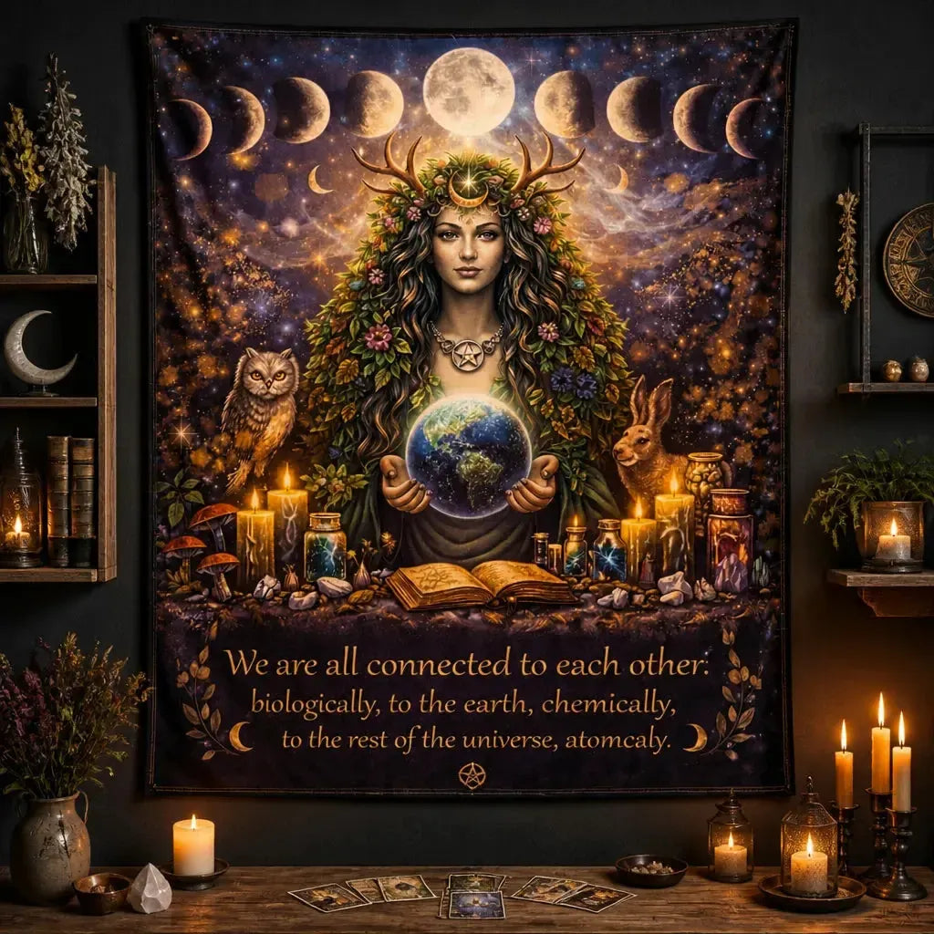 Mother Earth Pagan Goddess Tapestry with Moon Phase & Spirit Animals Wiccan Wall Hanging_mockup_2.webp