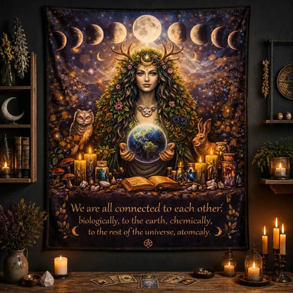 Mother Earth Pagan Goddess Tapestry with Moon Phase & Spirit Animals Wiccan Wall Hanging_mockup_2.webp