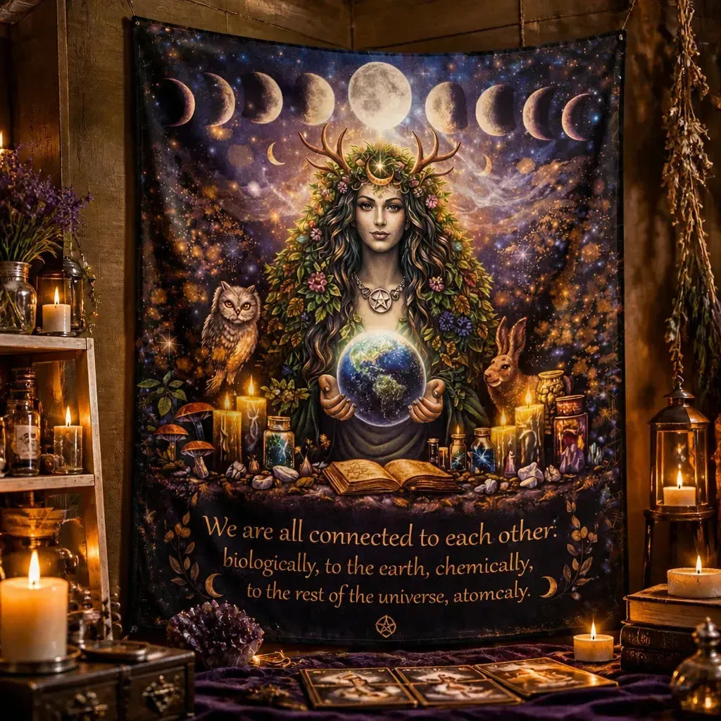 Mother Earth Pagan Goddess Tapestry with Moon Phase & Spirit Animals Wiccan Wall Hanging_mockup_3.webp