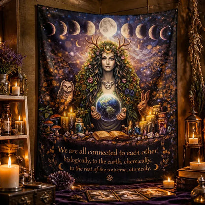 Mother Earth Pagan Goddess Tapestry with Moon Phase & Spirit Animals Wiccan Wall Hanging_mockup_3.webp