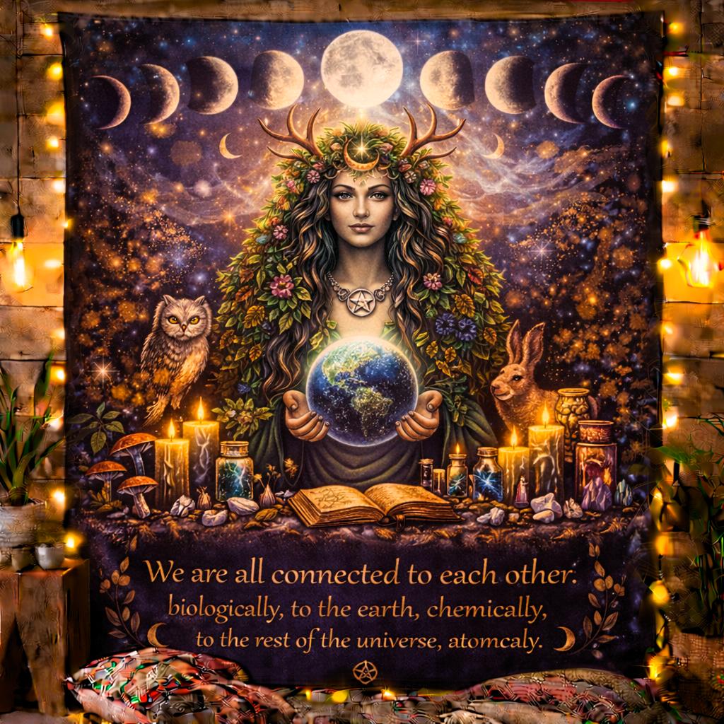 Mother Earth Pagan Goddess tapestry with moon phases, spirit animals, and an inspiring quote.