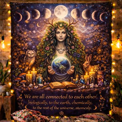 Mother Earth Pagan Goddess tapestry with moon phases, spirit animals, and an inspiring quote.