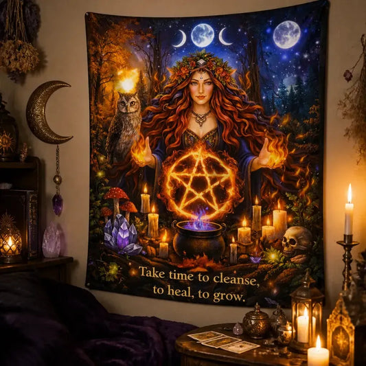 Mother Earth Pagan Goddess Tapestry with Wicca Pentacle, Triple Moon & Spirit Animals_mockup_3.webp
