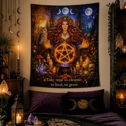 Mother Earth Pagan Goddess Tapestry with Wicca Pentacle, Triple Moon & Spirit Animals_mockup_1.webp