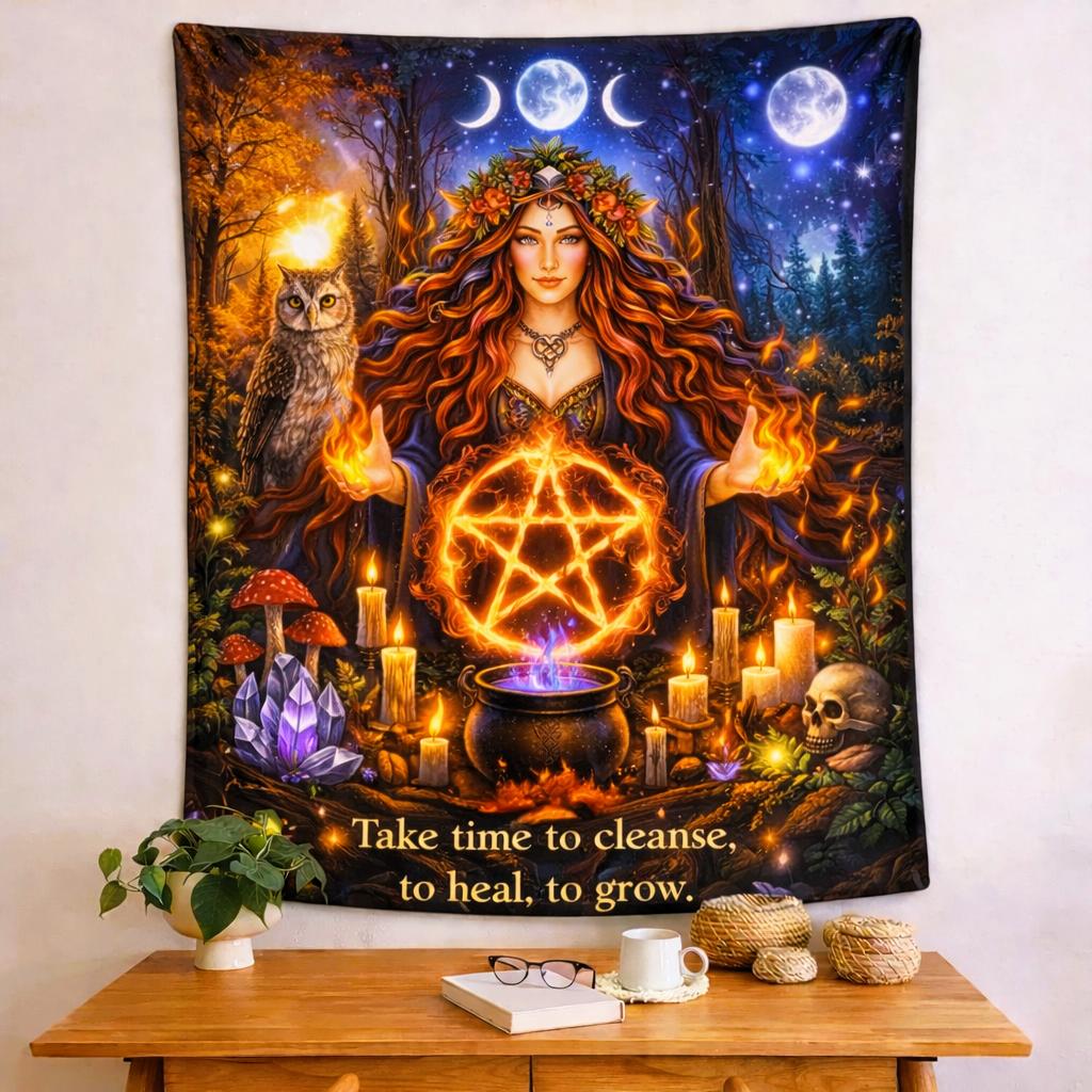 Mystical Mother Earth Pagan Goddess tapestry with red-haired witch, pentacle, triple moon, owl, and cauldron.