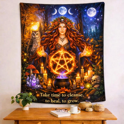 Mystical Mother Earth Pagan Goddess tapestry with red-haired witch, pentacle, triple moon, owl, and cauldron.