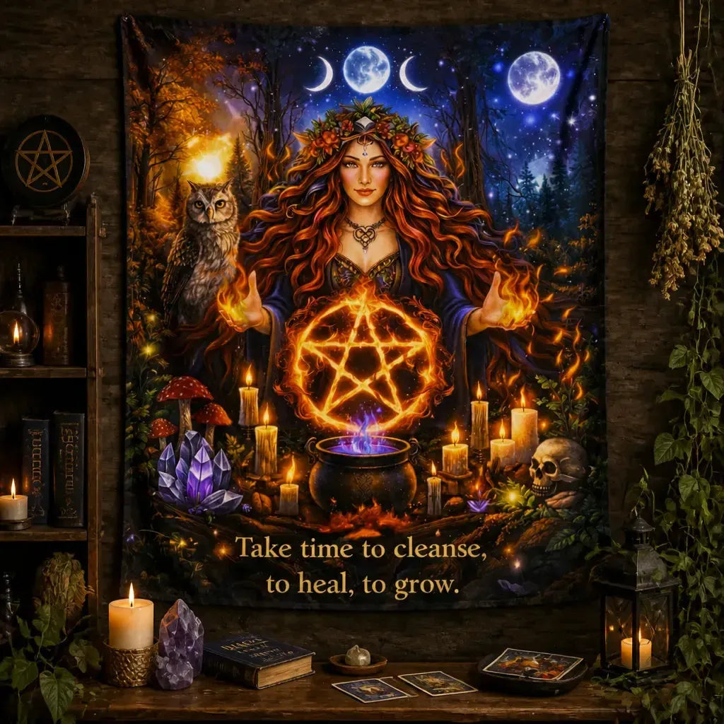 Mother Earth Pagan Goddess Tapestry with Wicca Pentacle, Triple Moon & Spirit Animals_mockup_2.webp