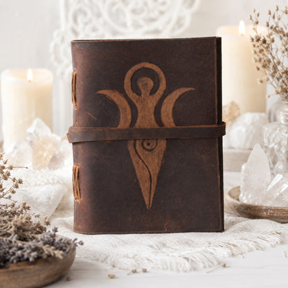 Mother Goddess Leather Journal – Antique Large Format Pagan Grimoire Writing Notebook – leather journal, back cover view