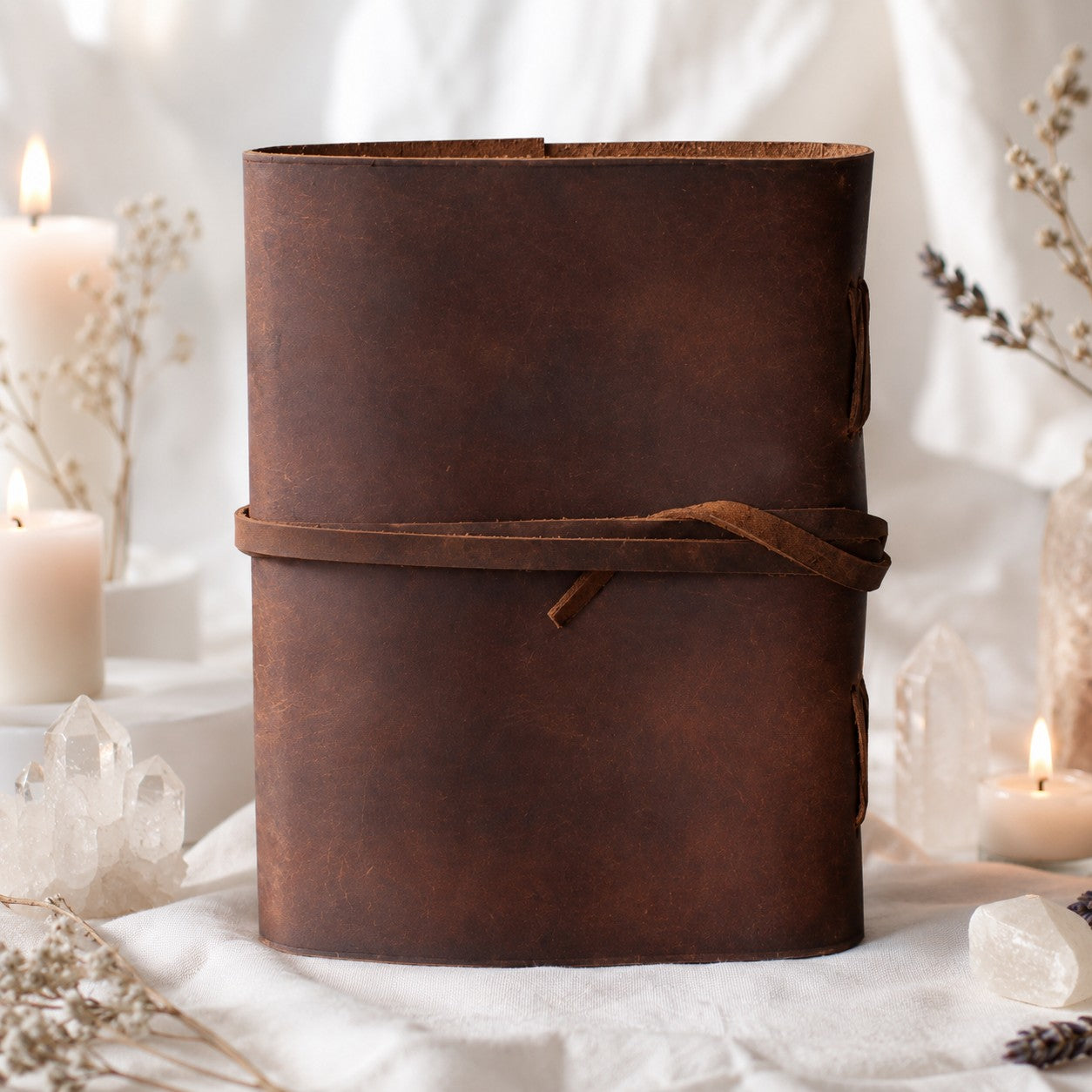 Mother Goddess Leather Journal – Antique Large Format Pagan Grimoire Writing Notebook – leather journal, open blank pages view