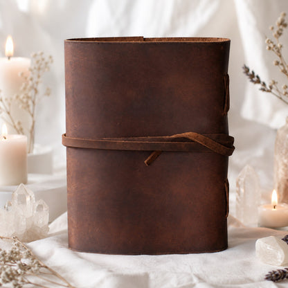 Mother Goddess Leather Journal – Antique Large Format Pagan Grimoire Writing Notebook – leather journal, open blank pages view