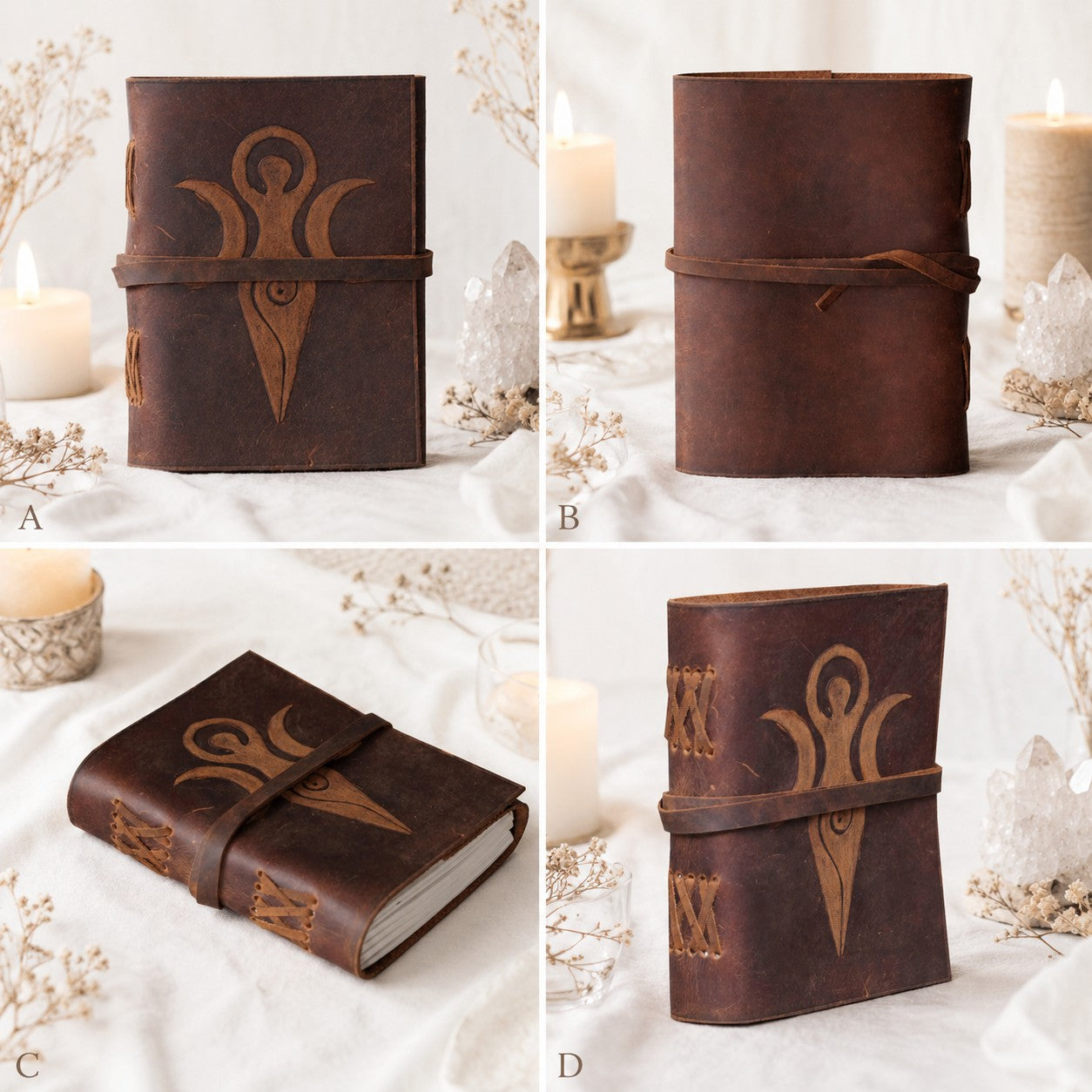 Mother Goddess Leather Journal – Antique Large Format Pagan Grimoire Writing Notebook – leather journal, close-up cover detail