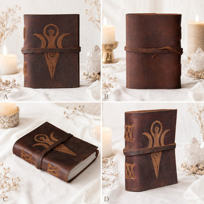 Mother Goddess Leather Journal – Antique Large Format Pagan Grimoire Writing Notebook – leather journal, close-up cover detail