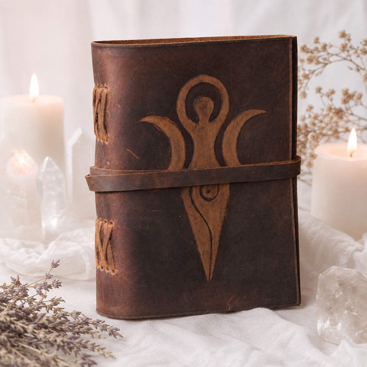 Mother Goddess Leather Journal – Antique Large Format Pagan Grimoire Writing Notebook – leather journal, front cover view