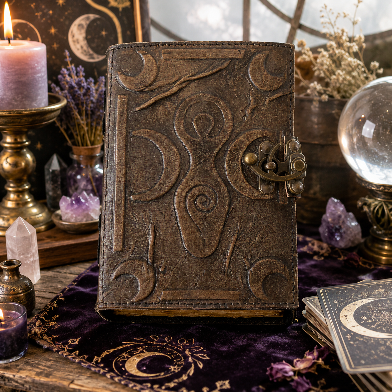 Mother goddess leather journal – handmade antique witch grimoire writing notebook, divine feminine, view 3