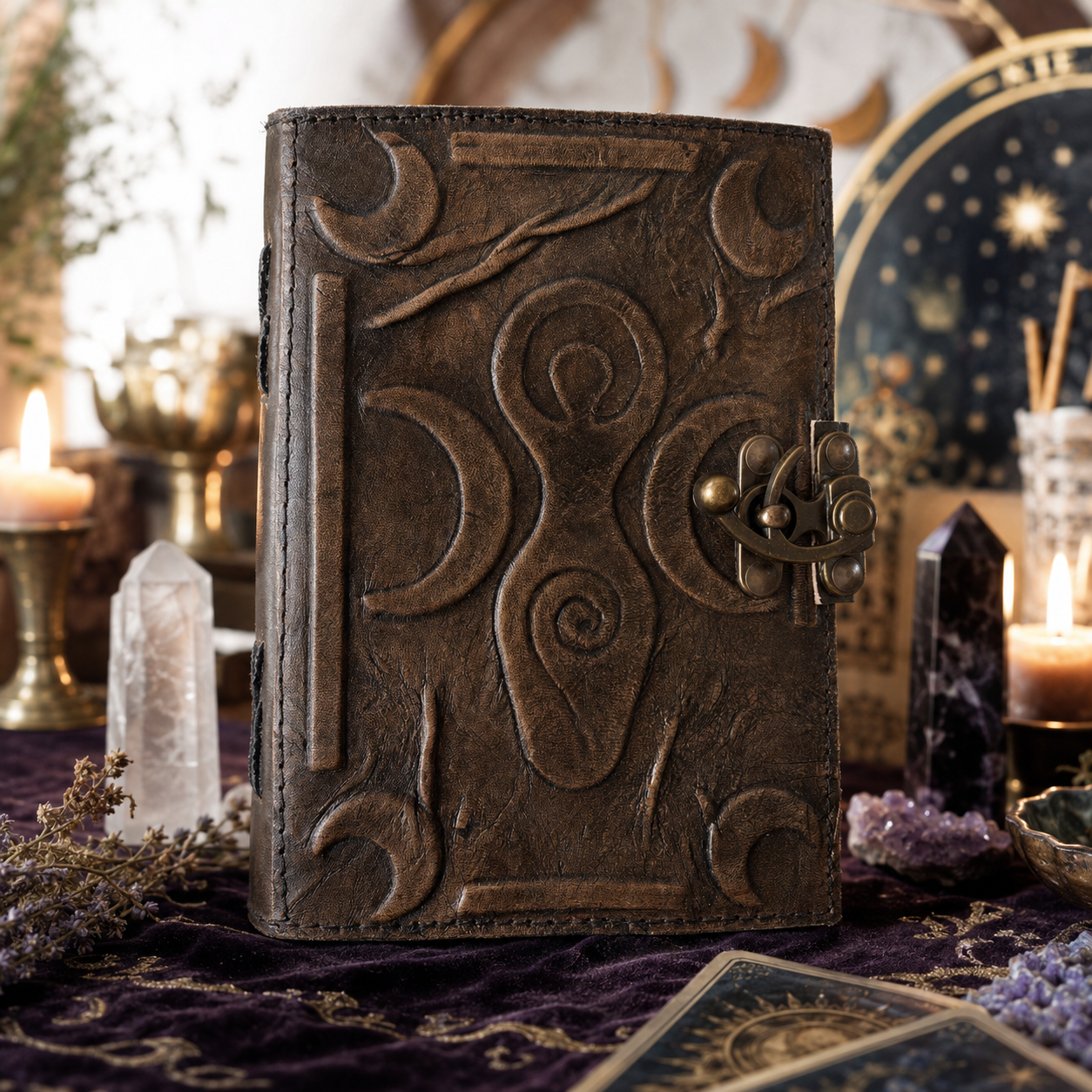 Mother goddess leather journal – handmade antique witch grimoire writing notebook, divine feminine, view 1