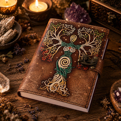 Mother of Earth Nature Printed Leather Journal – Blank Spell Book of Shadows – leather journal, back cover view