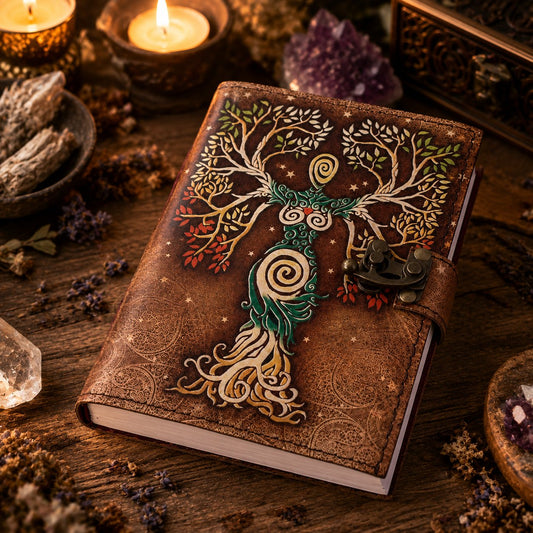 Mother of Earth Nature Printed Leather Journal – Blank Spell Book of Shadows – leather journal, back cover view