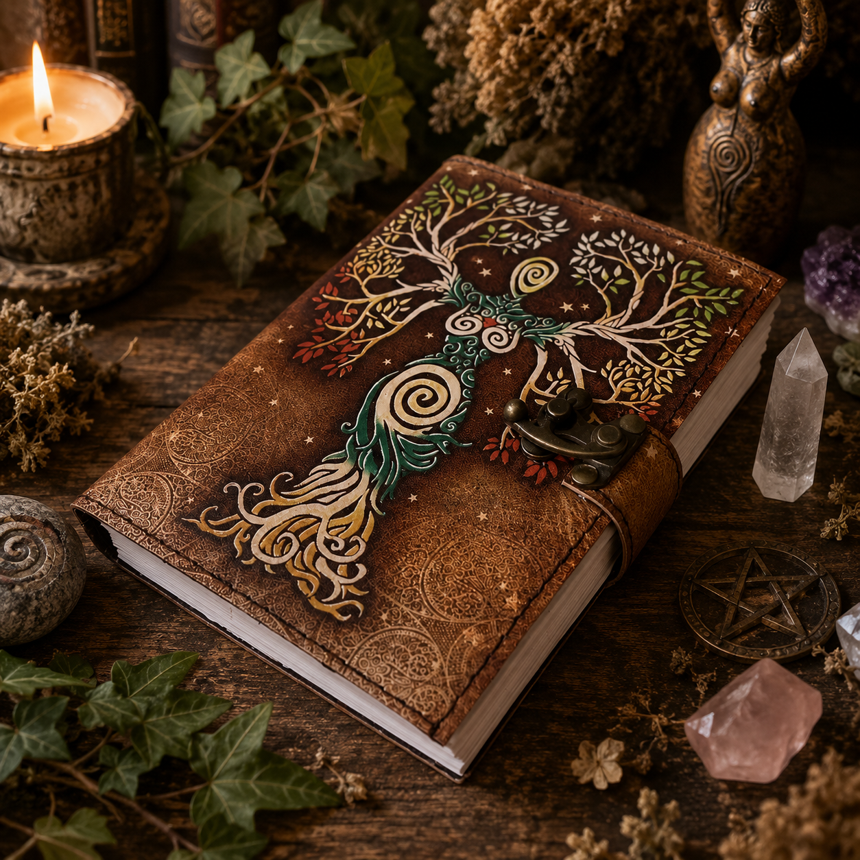 Mother of Earth Nature Printed Leather Journal – Blank Spell Book of Shadows – leather journal, open blank pages view