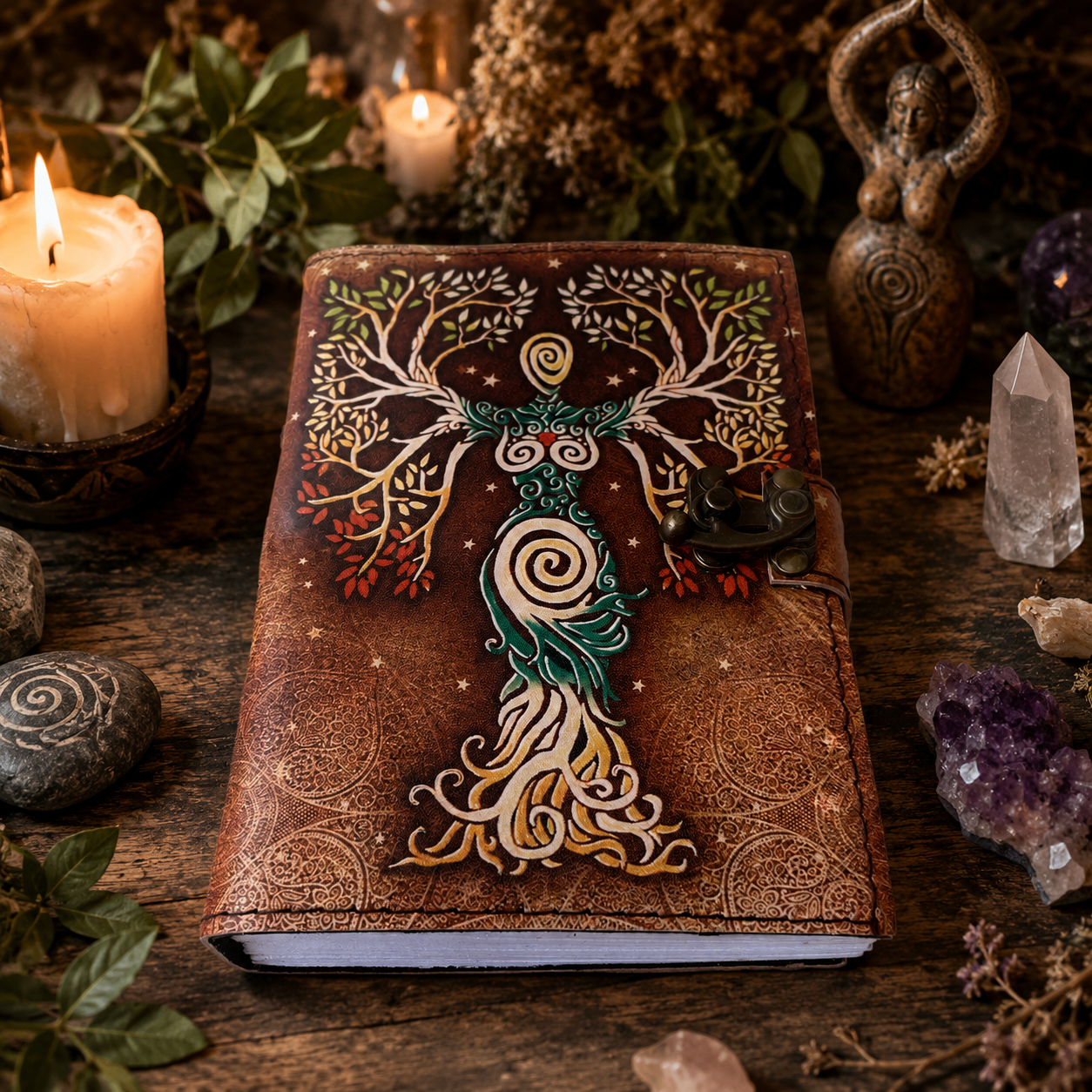 Mother of Earth Nature Printed Leather Journal – Blank Spell Book of Shadows – leather journal, close-up cover detail