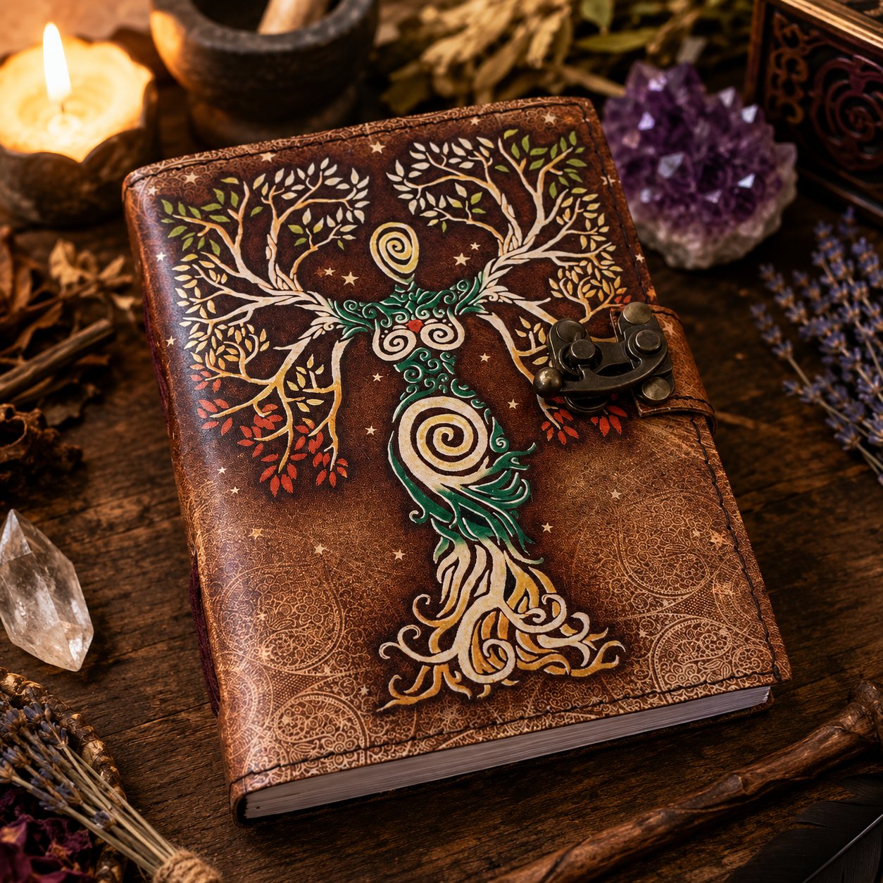 Mother of Earth Nature Printed Leather Journal – Blank Spell Book of Shadows – leather journal, front cover view
