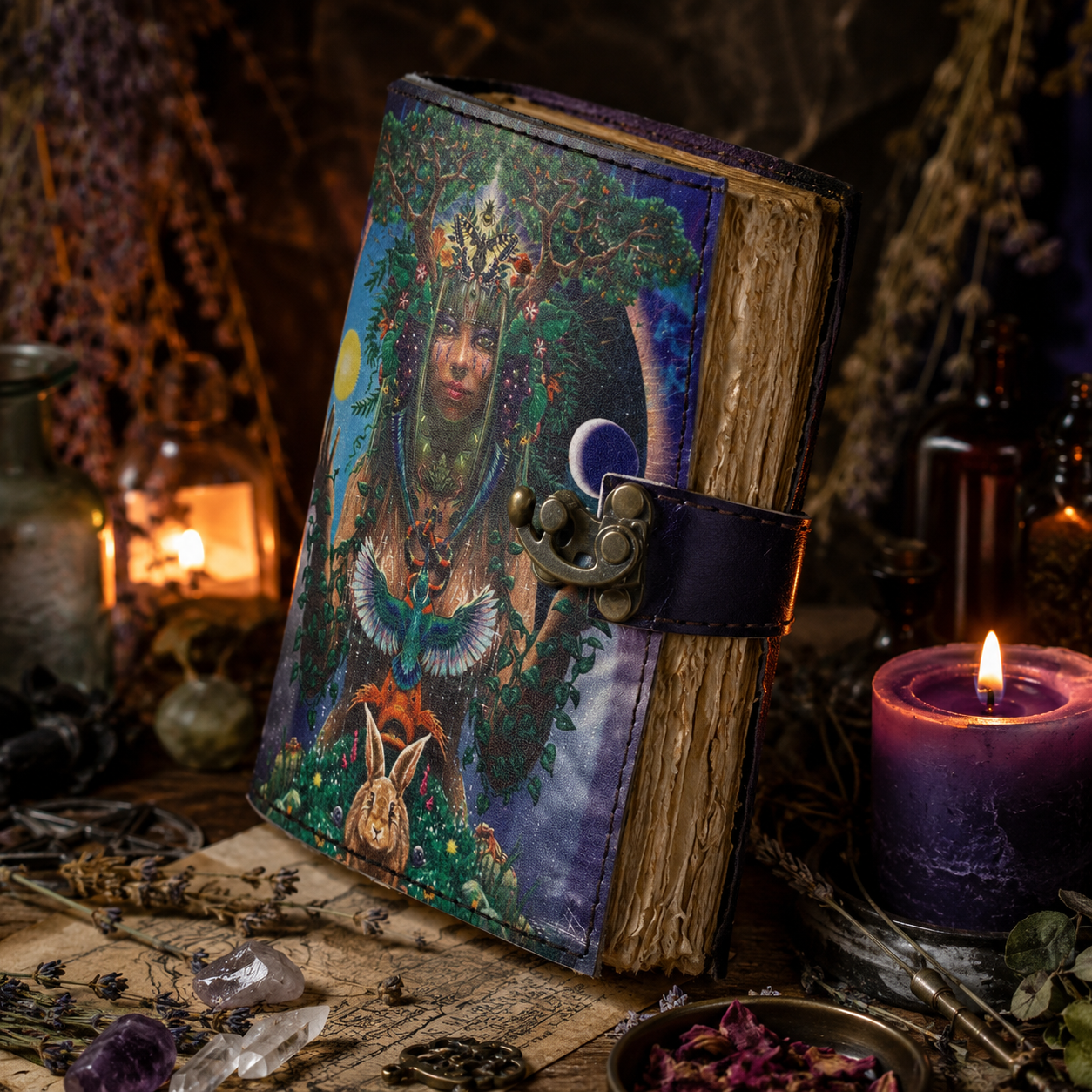 Mother of Earth printed leather journal – blank spell book of shadows grimoire, colorful cover, view 2