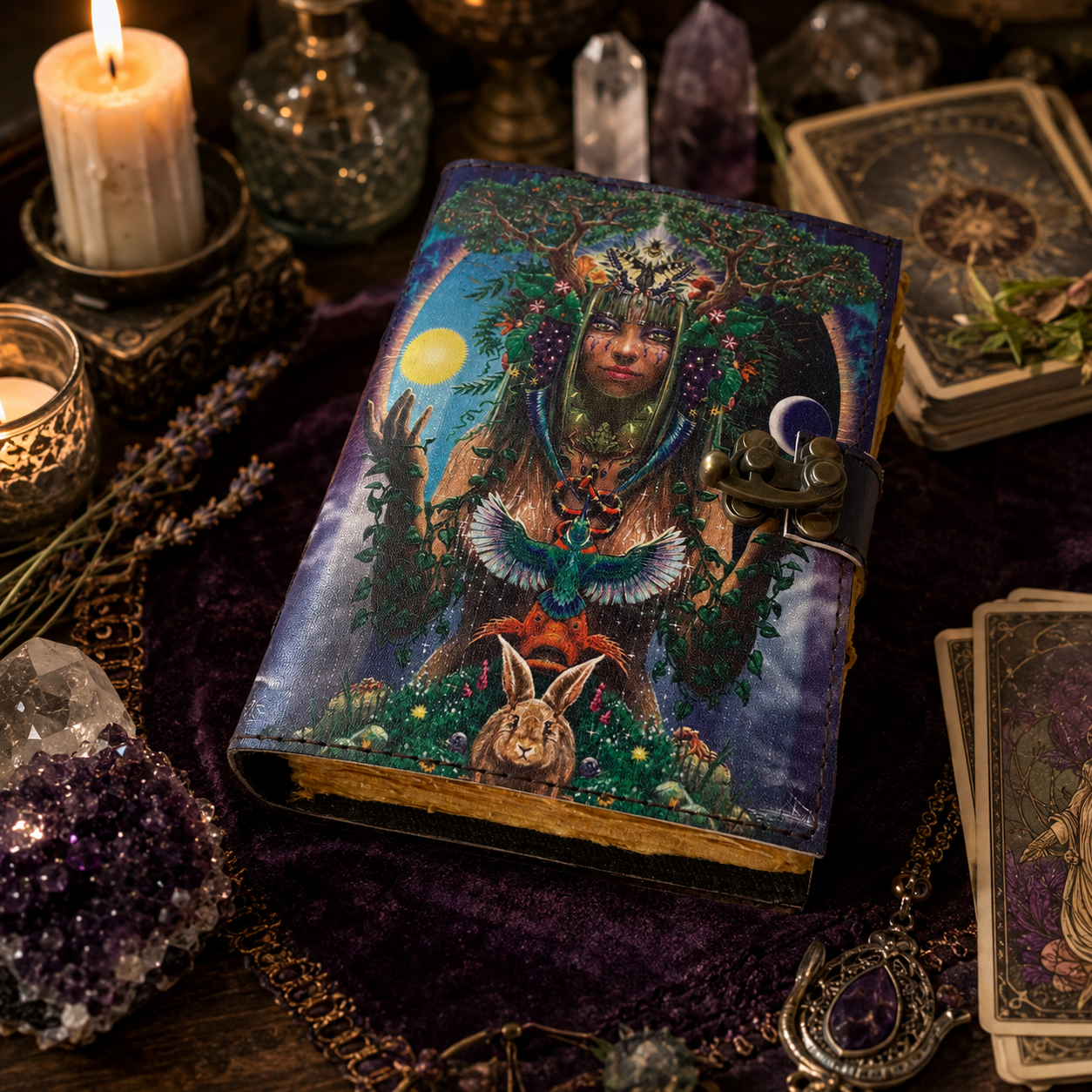 Mother of Earth printed leather journal – blank spell book of shadows grimoire, colorful cover, view 3