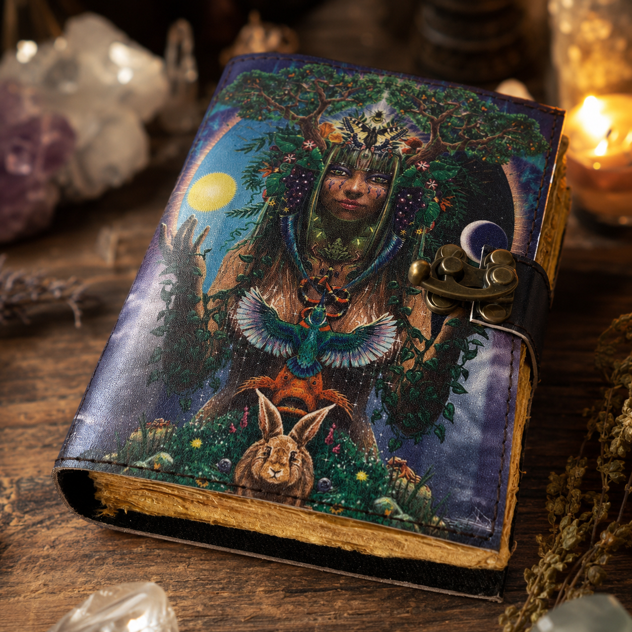 Mother of Earth printed leather journal – blank spell book of shadows grimoire, colorful cover, view 1