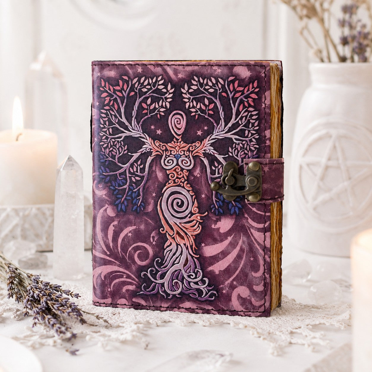 Mother of Earth Printed Leather Journal with Brass Lock – Witch Spell Book – leather journal, back cover view