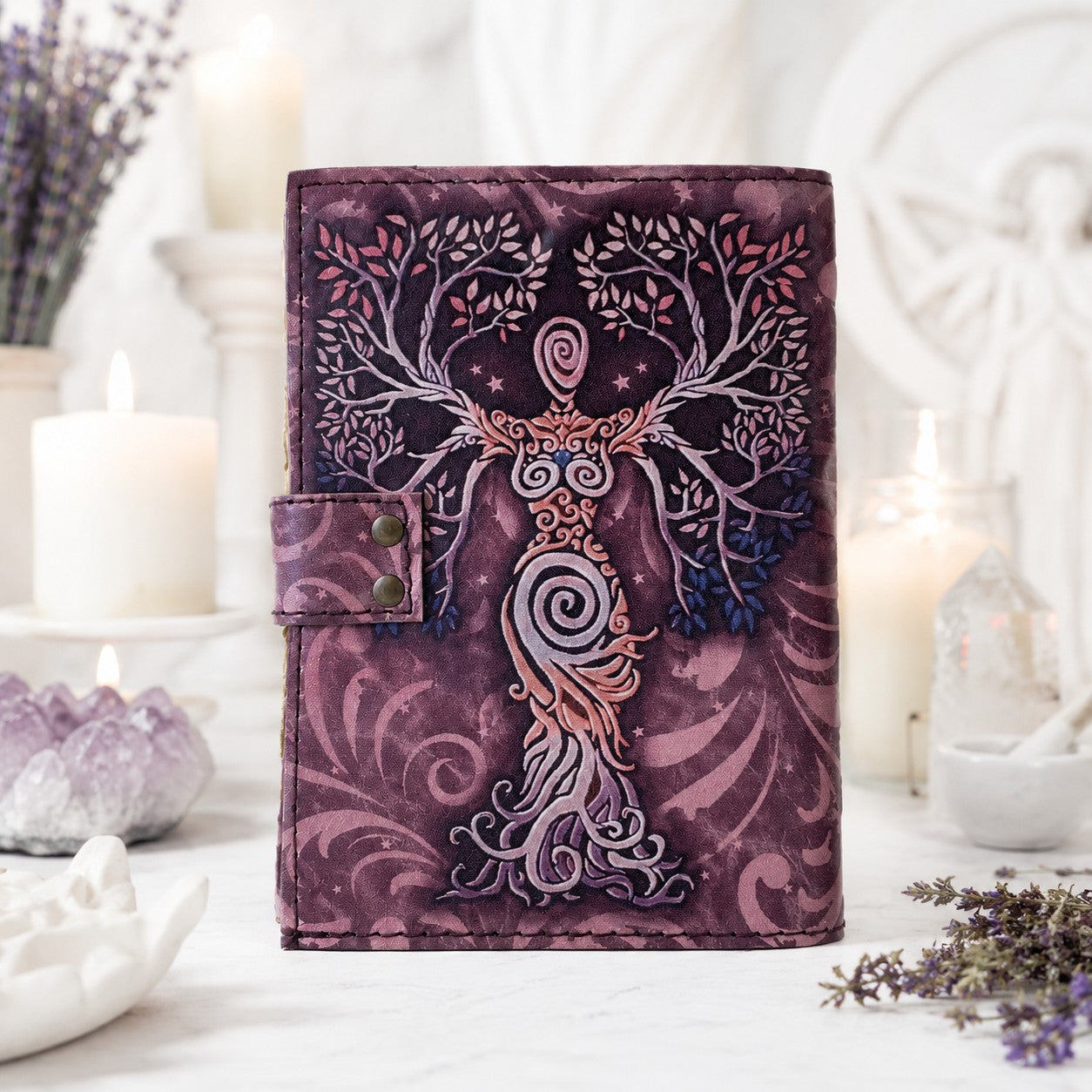 Mother of Earth Printed Leather Journal with Brass Lock – Witch Spell Book – leather journal, open blank pages view