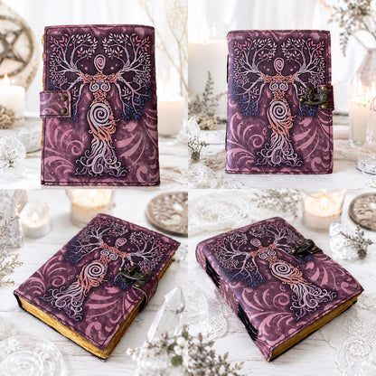 Mother of Earth Printed Leather Journal with Brass Lock – Witch Spell Book – leather journal, close-up cover detail