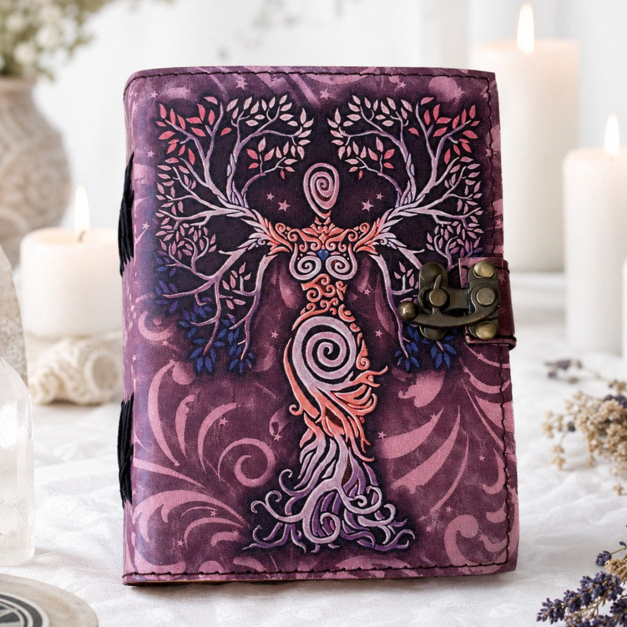 Mother of Earth Printed Leather Journal with Brass Lock – Witch Spell Book – leather journal, front cover view