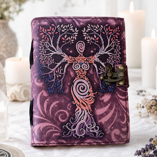 Mother of Earth Printed Leather Journal with Brass Lock – Witch Spell Book – leather journal, front cover view