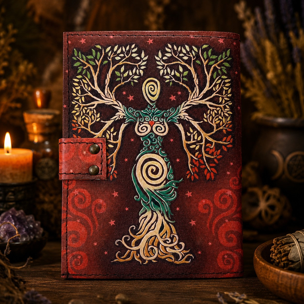 Mother of Earth Printed Leather Journal with Lock – Witch Book of Shadows – leather journal, back cover view