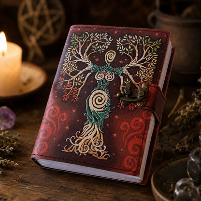 Mother of Earth Printed Leather Journal with Lock – Witch Book of Shadows – leather journal, open blank pages view