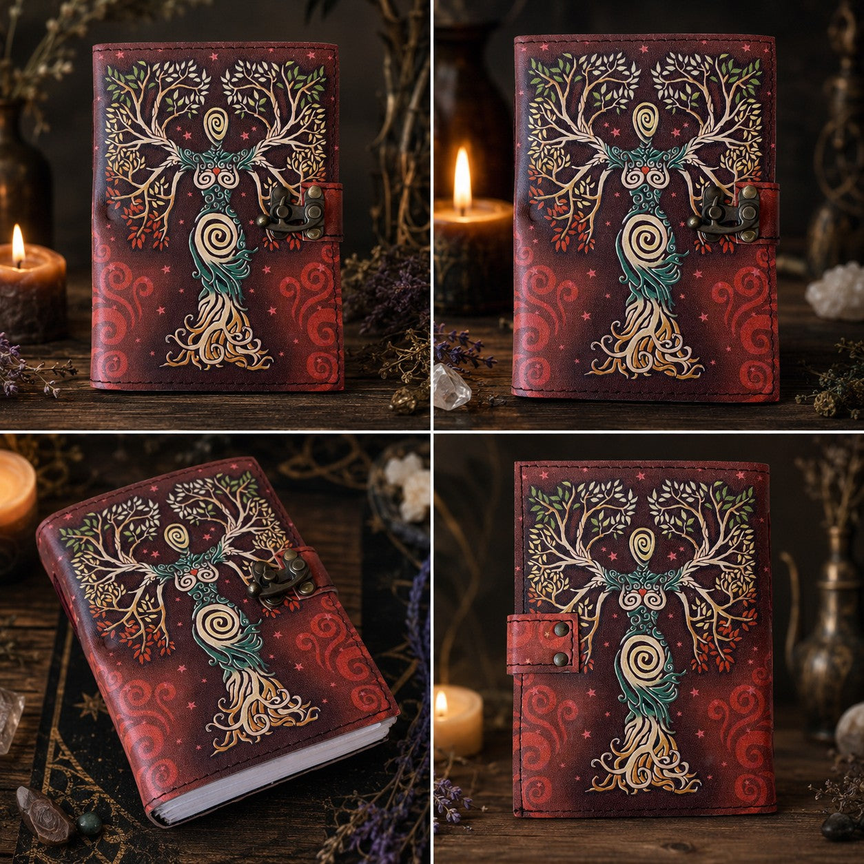Mother of Earth Printed Leather Journal with Lock – Witch Book of Shadows – leather journal, close-up cover detail