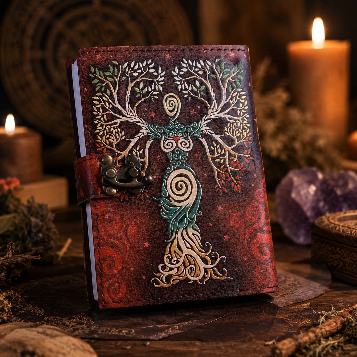 Mother of Earth Printed Leather Journal with Lock – Witch Book of Shadows – leather journal, size and scale view
