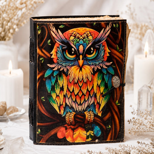 Multicolor Owl Printed Leather Journal – Vintage Witch Grimoire Deckle Pages – leather journal, front cover view