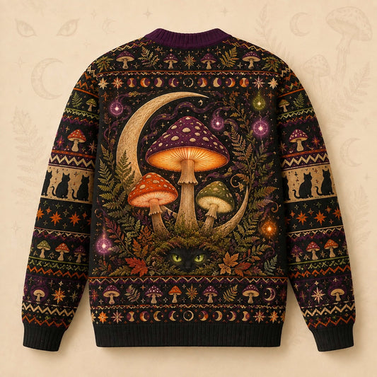 Mushroom Black Cat Sweater Toadstool Crescent Cottagecore Knit back view