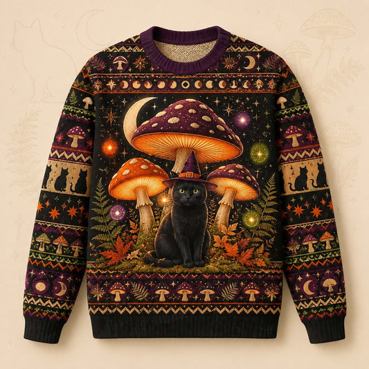 Mushroom Black Cat Sweater Toadstool Crescent Cottagecore Knit front view