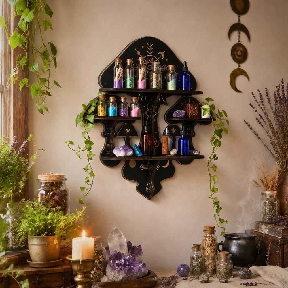 Mushroom Crystal Display Shelf – Gothic Witchy Wall Shelf for Stones & Trinkets-MoonChildWorld