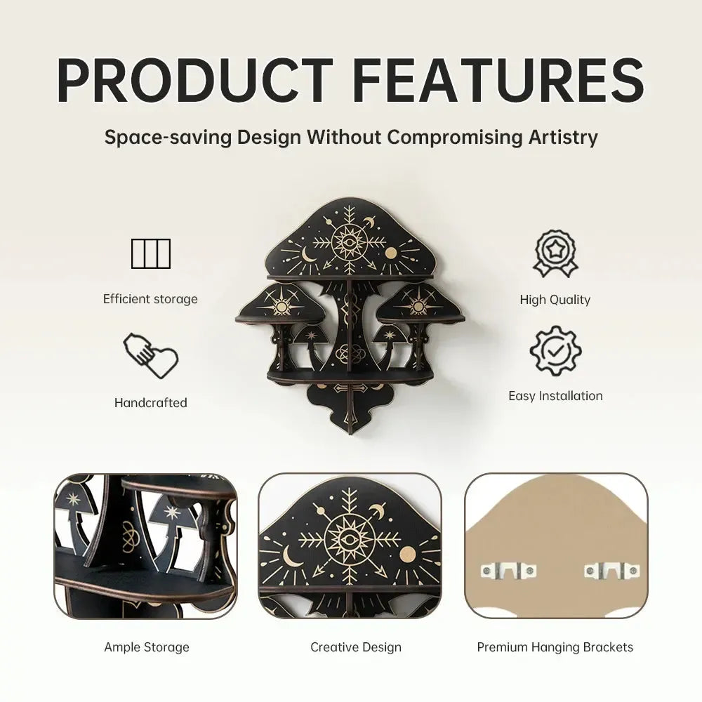 Gothic mushroom wall shelf – rock display case styled with crystals